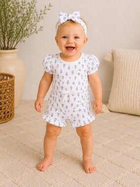 Rachel Zoe Baby Girl Puff Sleeve Floral Romper & Headband Set | NWT Size 6-9M